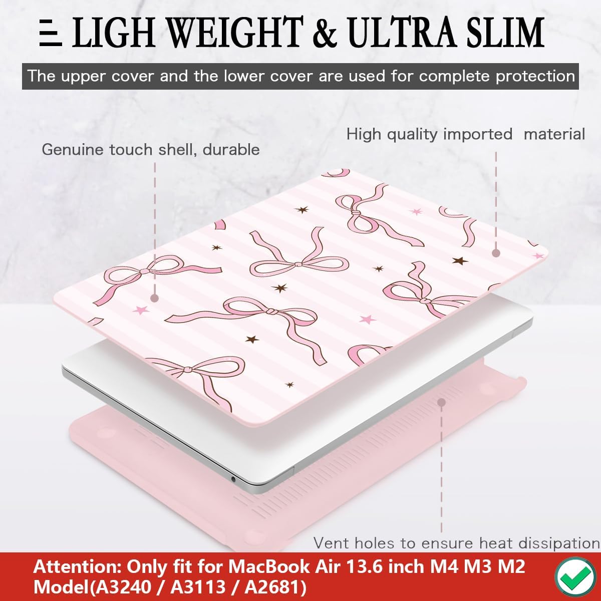 CISSOOK Compatible with MacBook Air 13.6 inch Case 2025 2024 2023 2022 Release A3240 A3113 A2681, Plastic Hard Shell Cover Keyboard Skin Set for MacBook Air 13 inch M2 M3 M4, Baby Pink Bow