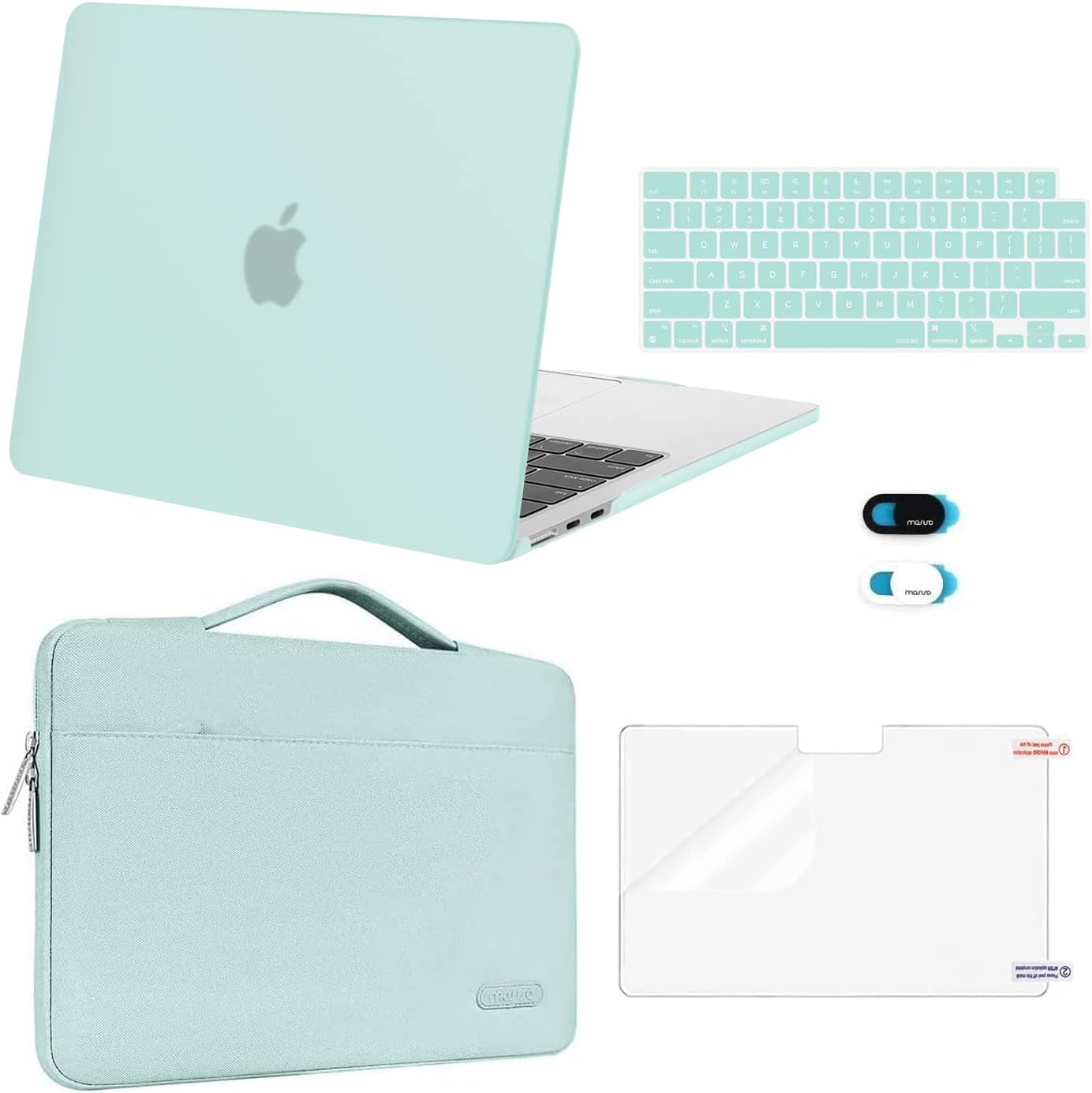 MOSISO Compatible with MacBook Air 13 inch Case 2025 2024 2023 2022 M4 A3240 M3 A3113 M2 A2681, Hard Shell&Sleeve Bag&Keyboard Skin&Webcam Cover&Screen Film for MacBook Air 13.6 inch, Mint Green