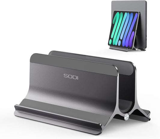 SODI Vertical Laptop Stand for Desk, Aluminum Laptop Holder Compatible with MacBook Pro, MacBook Air Stand Up to 17 inch, Gravity Auto-Lock Cooling, 3in1 Space Saving Desk Organizer Accessories, Gray