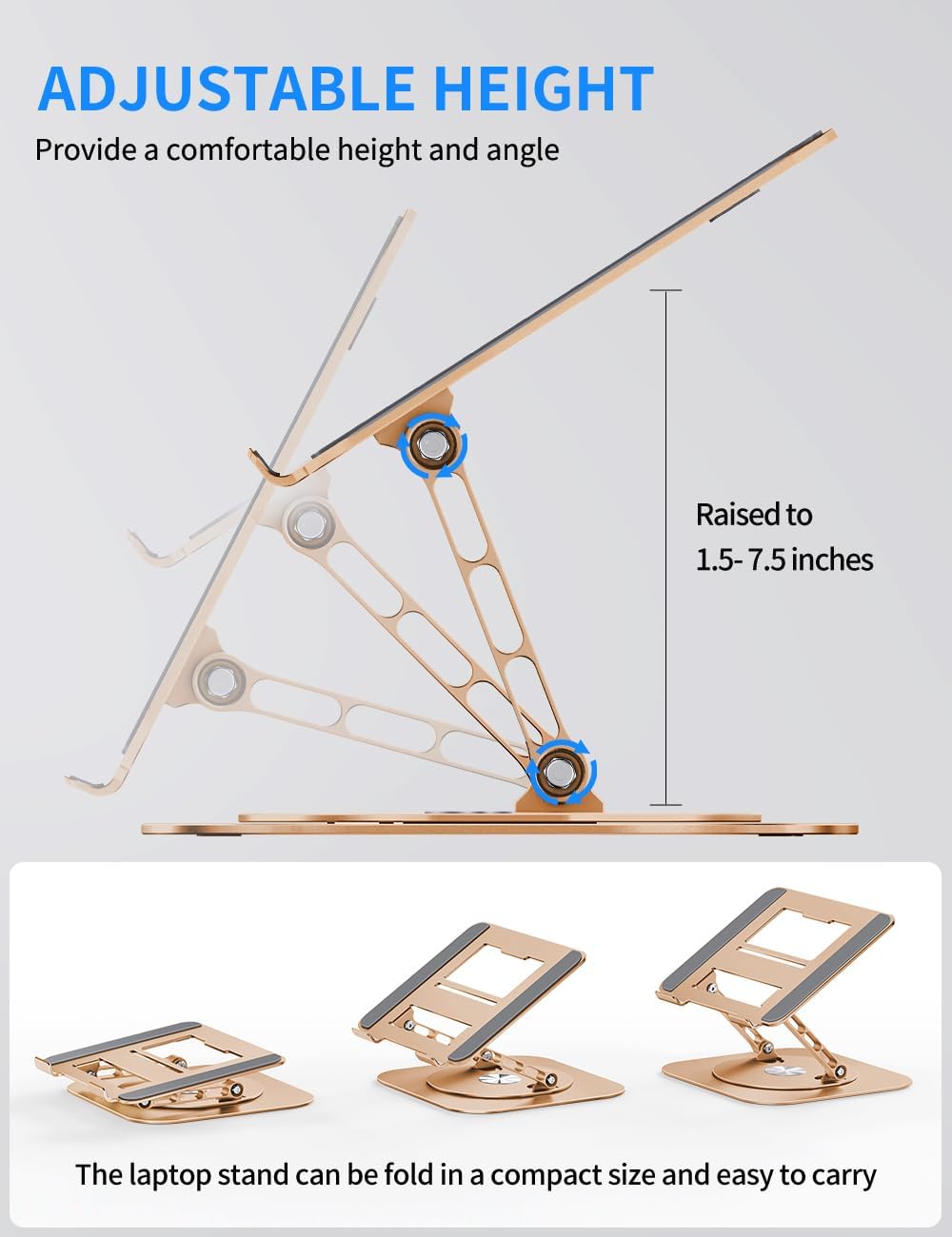 Adjustable Laptop Stand with 360 Rotating Base, Computer Stand for Laptop Ergonimic Foldable Laptop Riser for Desk Compatible with MacBook Pro/Air Notebook up to 16 Inches, Gold