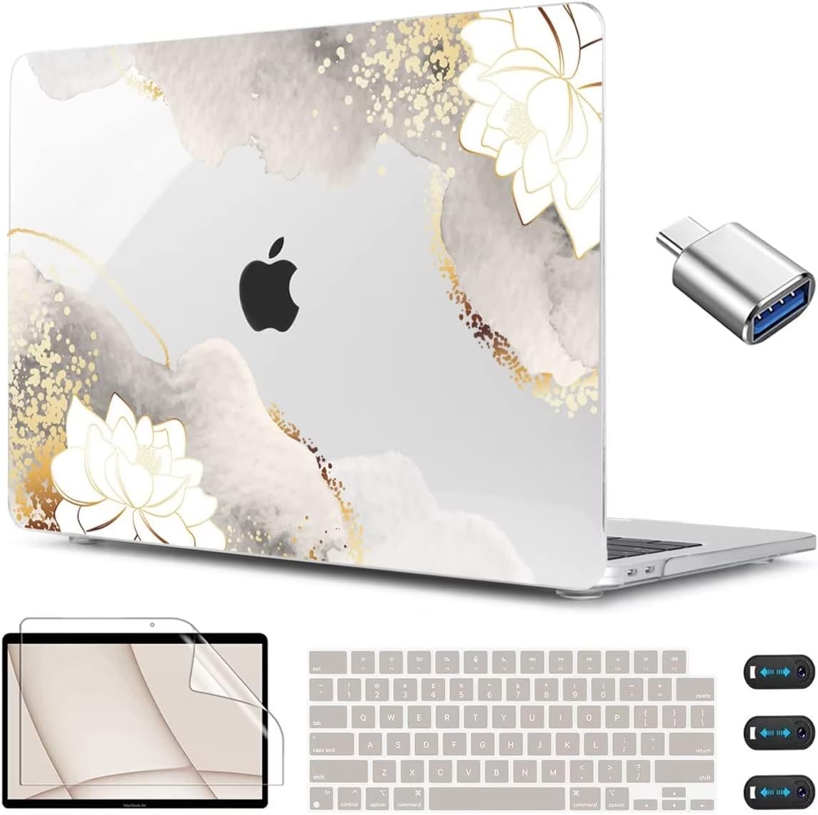 CISSOOK for MacBook Air 13.6 inch Case 2025 2024 2023 2022 Release Model M3 A3113 M2 A2681, Lotus Hard Shell Case Keyboard Cover for MacBook Air 13 M2 M3 M4 Chip, Charming Painting
