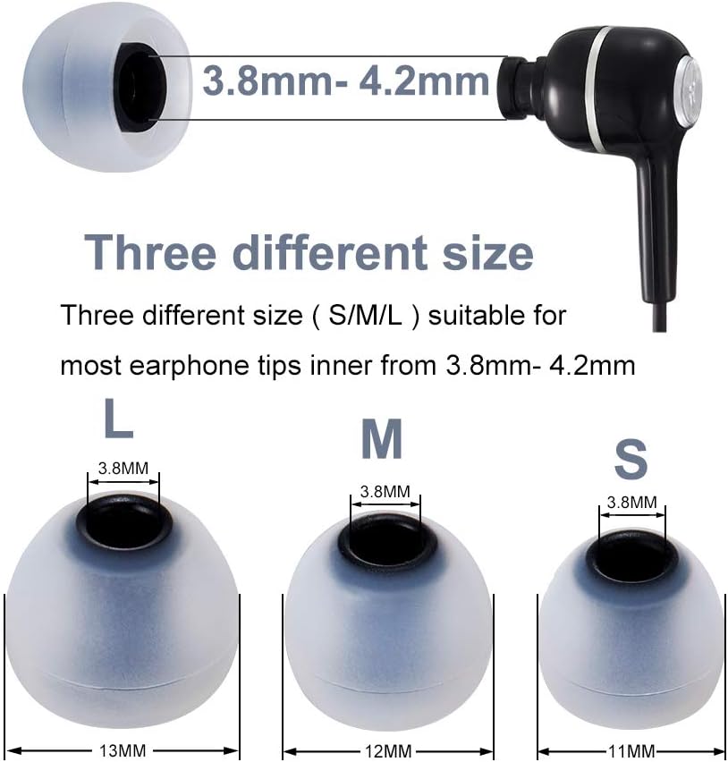 Earbud Tips Soft Silicone Earbuds Replacement Tips Fit for in-Ear Headphones(Inner Hole from 3.8mm -4.2mm Earphones) 9 Pairs S/M/L
