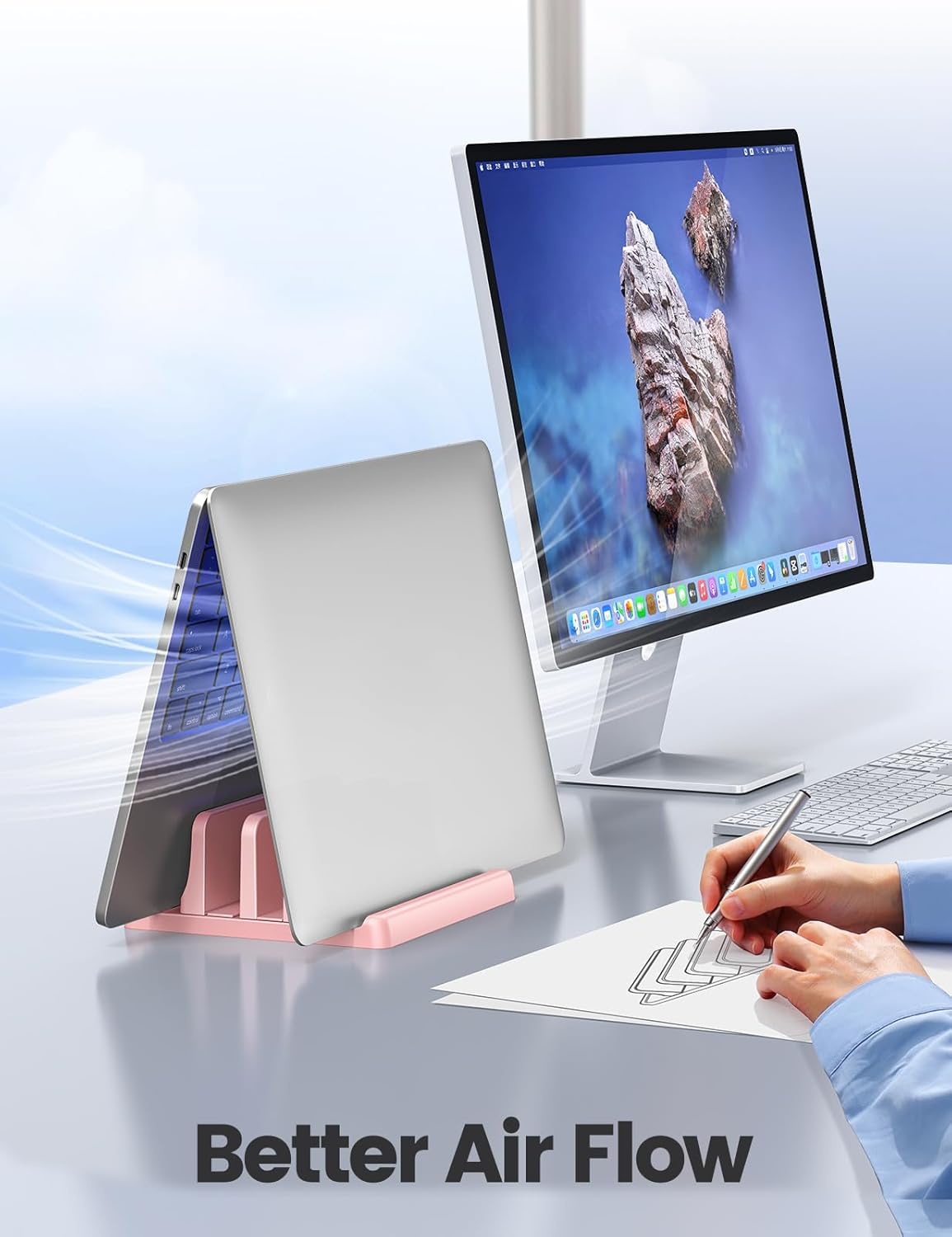 Vaydeer Vertical Laptop Stand for Desk, Dual Slots Plastic Laptop Holder with Space Saving 4-in-1 Design, Adjustable Laptop Stand Supports MacBook, Chromebook, Surface, Dell (Pink)