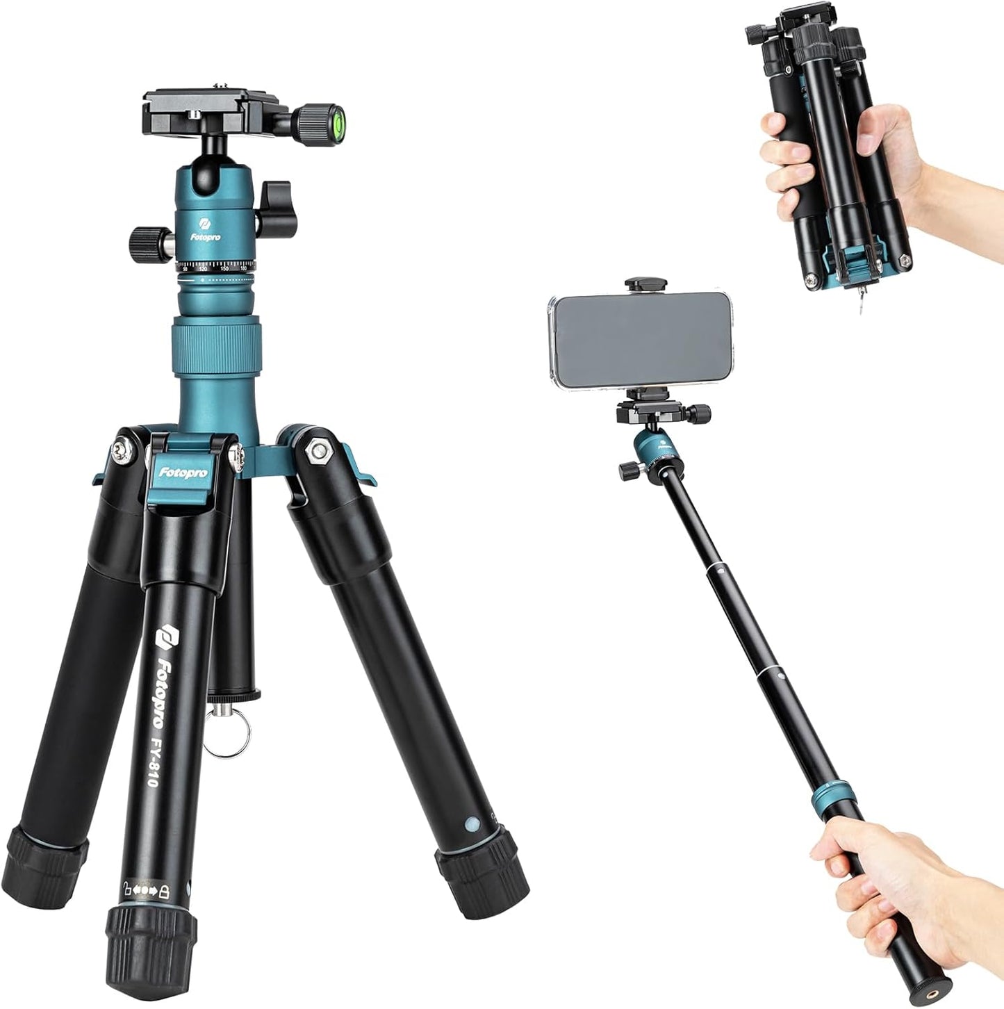 Fotopro Mini Tripod with Ball Head Phone Mount Detachable Selfie Stick Folded only 8.6" Max Load up to 6.6 lbs FY-810 Blue