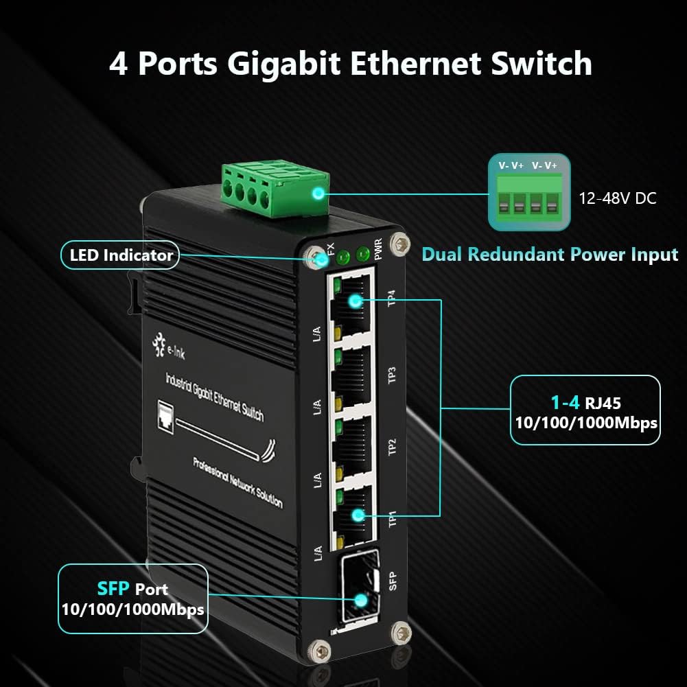 Mini Industrial 4 Port 10/100/1000Mbps Gigabit Ethernet Switch with SFP Din Rail/Wall-Mount 10/100/1000BASE-T RJ45 + 1 100/1000FX (SFP) Support 12-48V DC 10Gbps Switching Capacity