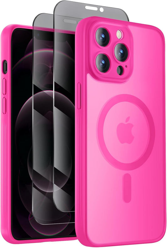 Designed for iPhone 12 Pro Case, Compatible with MagSafe, with Privacy Screen Protectors X2, [Camera Protection] [15FT Military Drop Protection] Shockproof Phone Case, 6.1", Hot Pink