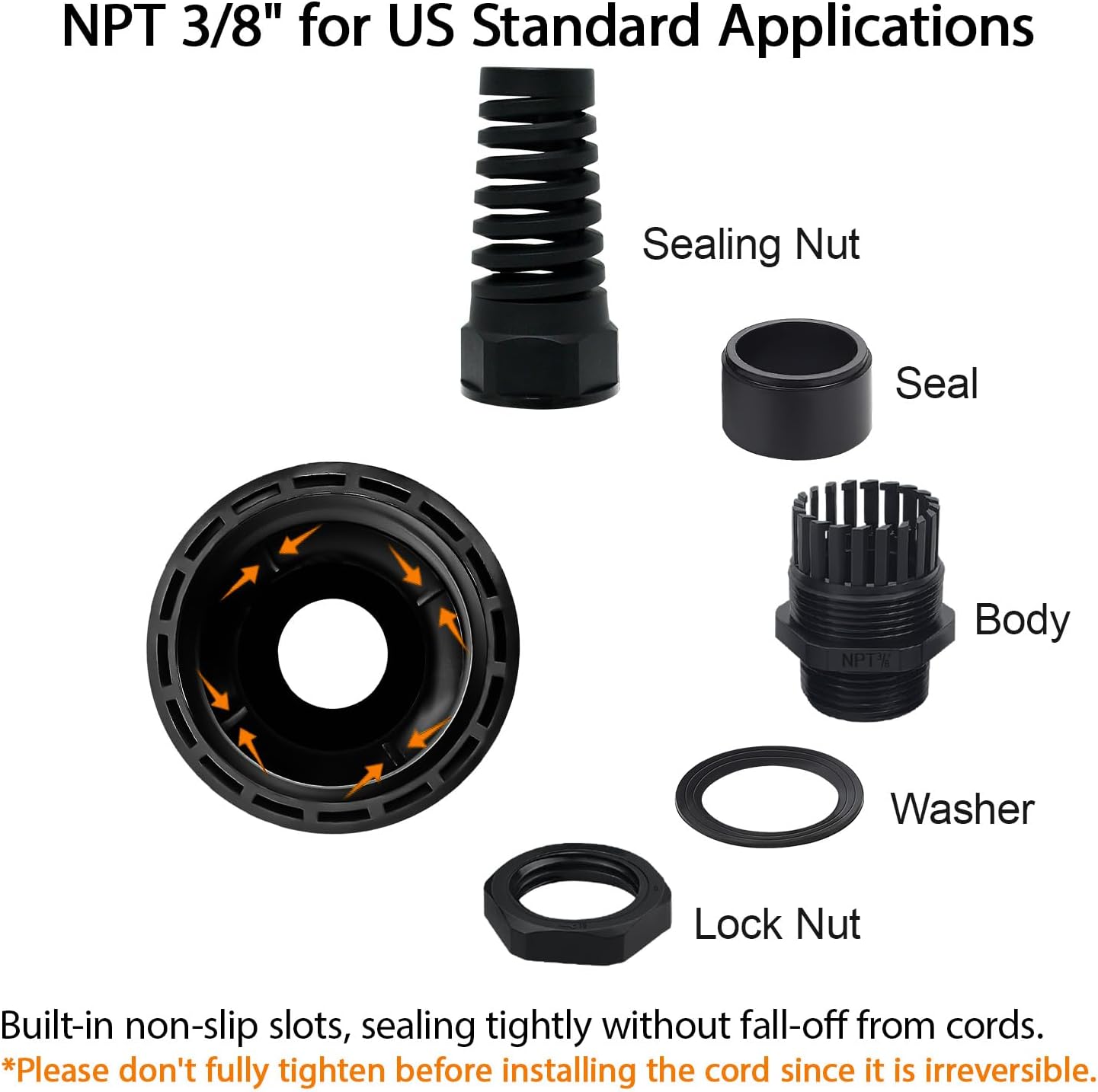 LeMotech 10Pcs NPT 3/8" IP68 Waterproof Cable Gland Flex Spiral Strain Relief Black Nylon Joint with Gaskets for 5-10mm Wire Thread