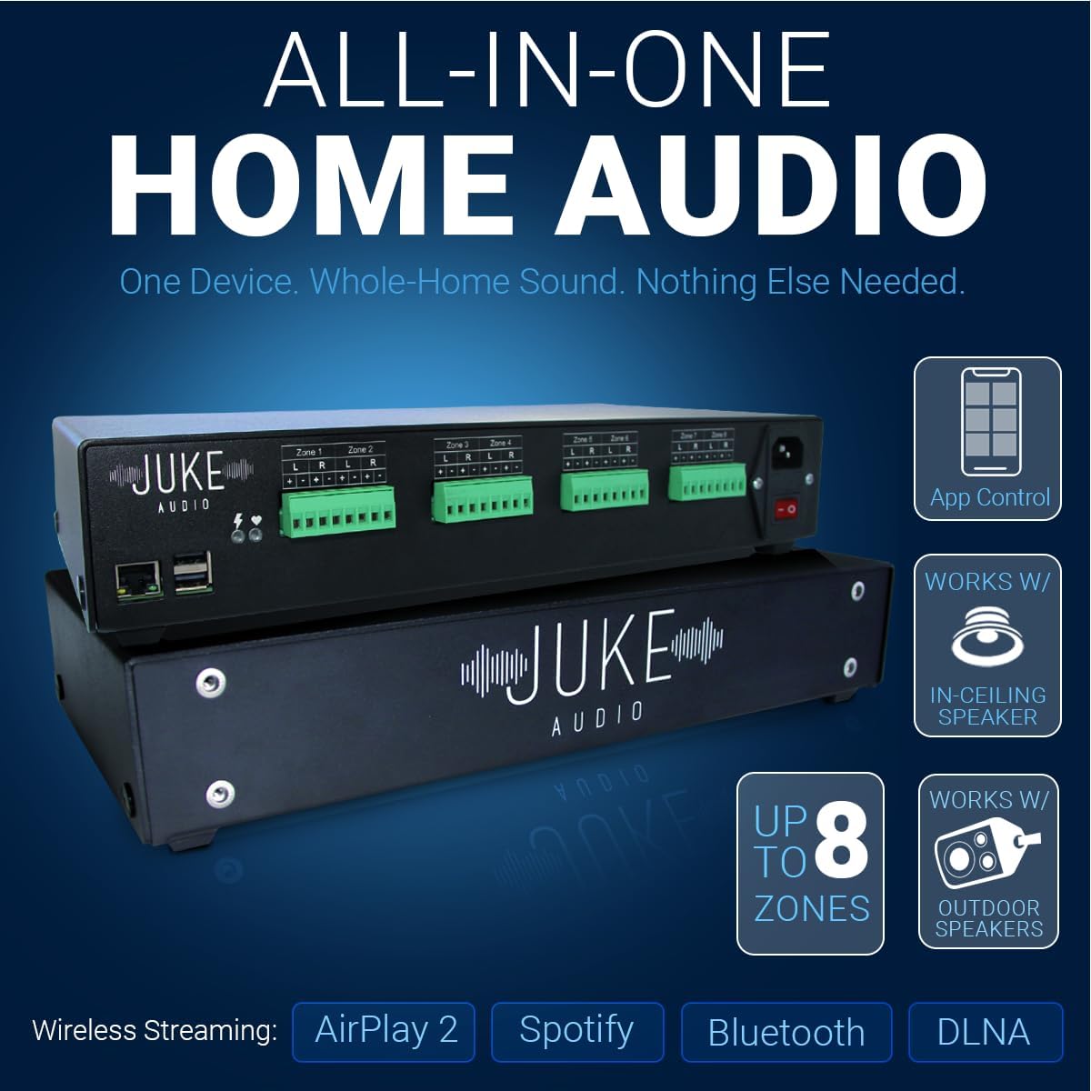 Juke-8: 8 Zone Multi-Room Amplifier | Built-in Music Streaming & Wireless App Control | Supports 8 Audio Sources Simultaneously | Whole Home Audio System | Airplay 2, Spotify Connect, Bluetooth