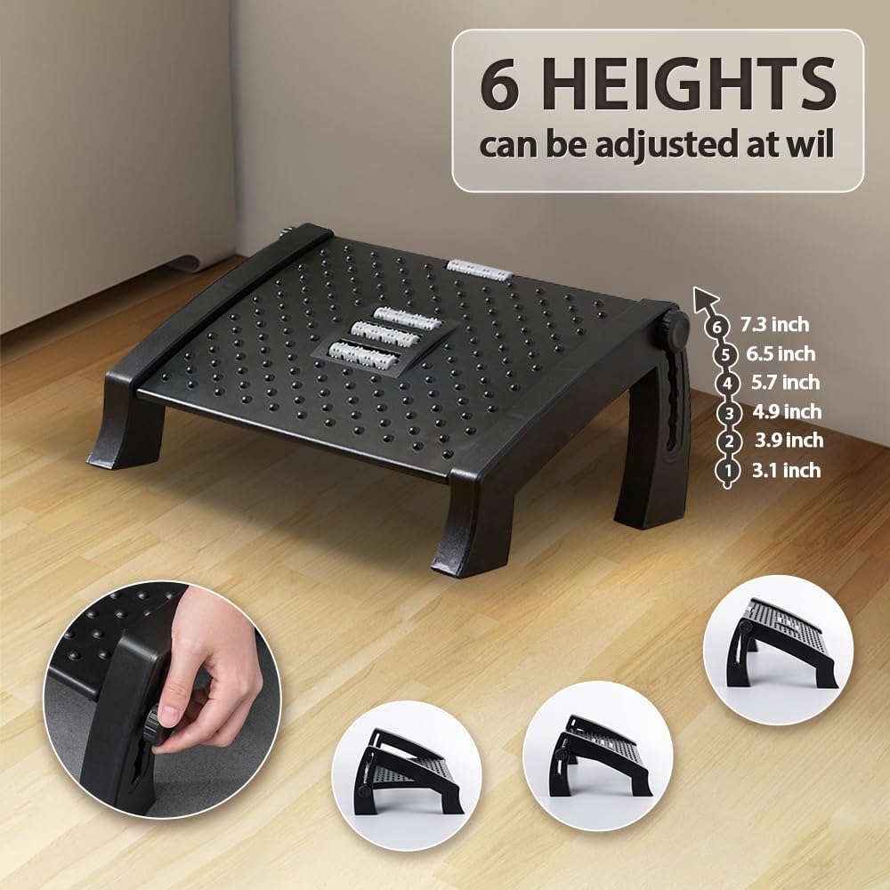 Foot Rest, Six Heights Adjustable Foot Rest for Under Desk at Work, Ergonomic Foot Stool for Under Office Desks, Under Desk Footrest with Foot Massage Roller, Office Leg Rest (Classics)