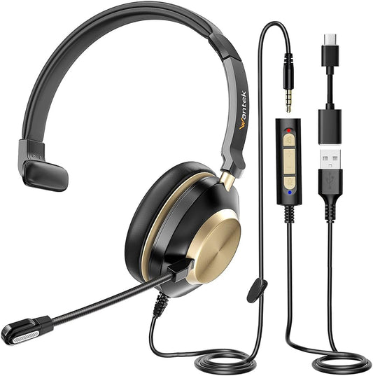 Headset with Mic, USB Headset with Microphone, Computer Headset with Noise Cancelling Microphone for Laptop PC, Mute in-line Controls