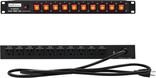 10-Outlet 1U Rack Mount Power Strip - Surge Protector, Features 10 Front Switches with LED Light - Ideal, w/ 6 ft Cord for Network Server Racks and Cabinets, by ThePoEstore