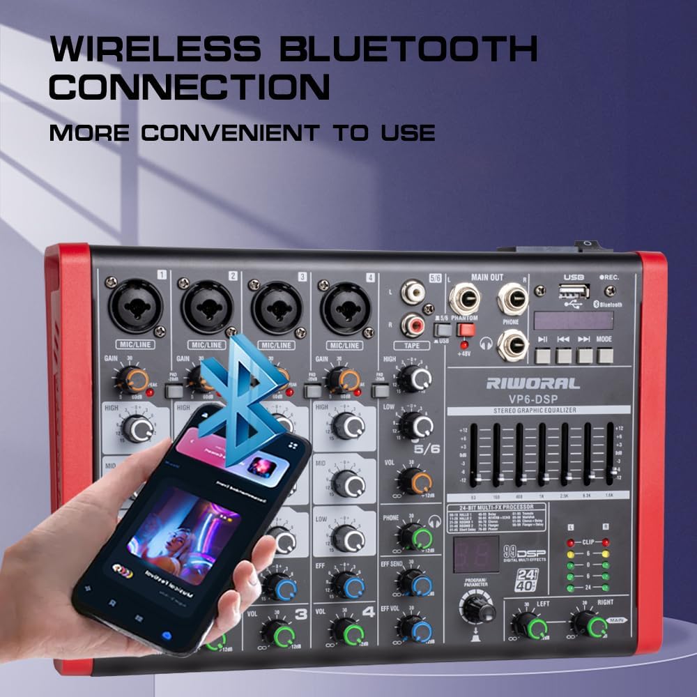 6 Channel Audio Interface DJ Mixer With 99 DSP Effects XLR 1/4 inch Jack USB Bluetooth Echo Delay Effect, Input 48V Phantom Power Stereo DJ Mixers for Recording, Live Streaming, Podcasting