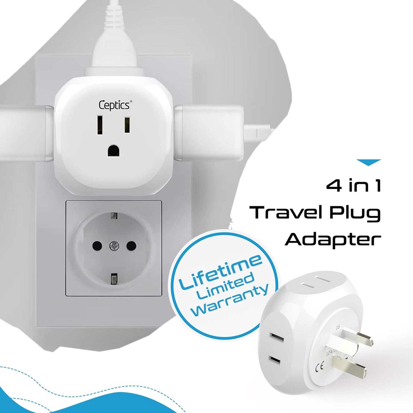 Ceptics Australia, New Zealand, China Travel Plug Adapter by - 4 Input - USA to Any Type I Countries Such as New Zealand, Argentina and More - 4 Pack (PT-16), White (PT-16-4PK)