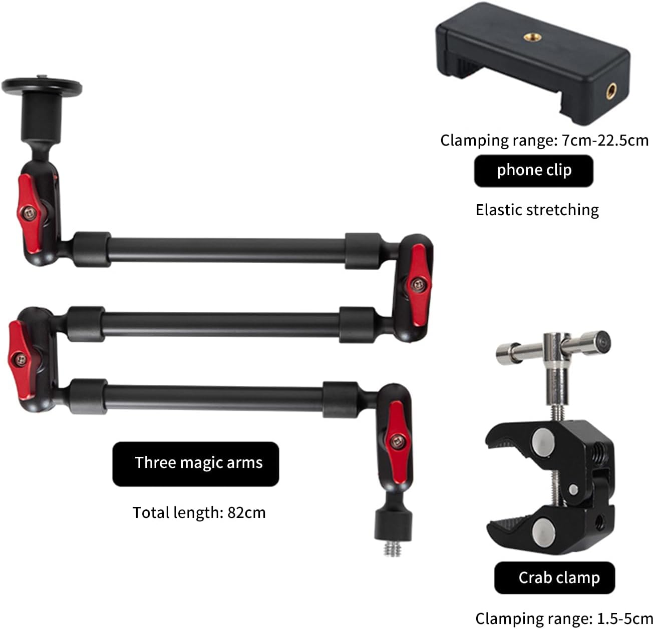 Adjustable Articulating Magic Arm with Clamp and Phone Holder Clip for Desk Mount, Desk Stand, Cell Phone Tripod