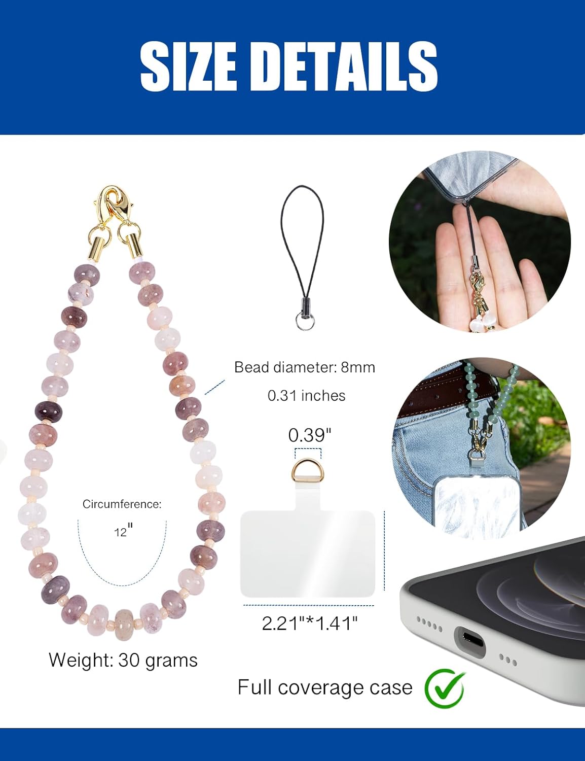 Handmade Natural Purple Gradient Gemstone Crystal Beaded Charm Cell Phone Camera Lanyard, Hands-Free Wrist Strap, Phone Chain String, Keychain Decor for Walle (Violet Agate)