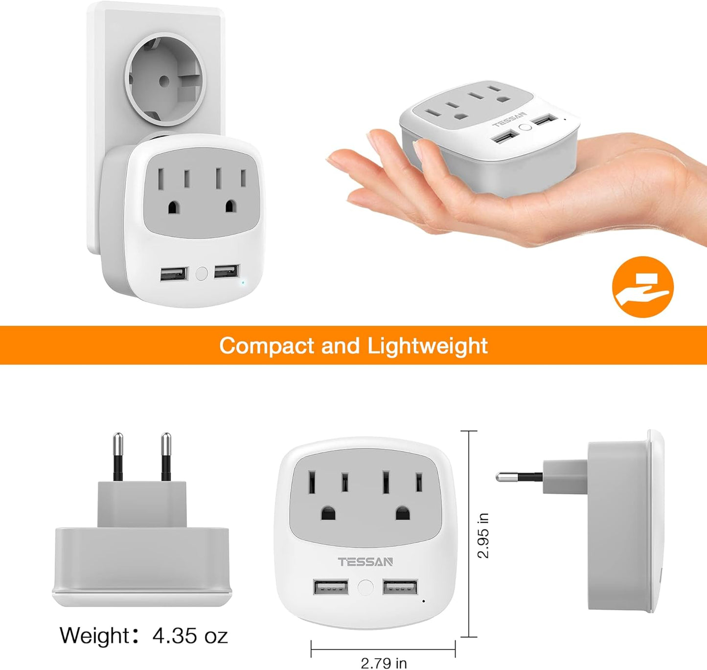European Travel Plug Adapter Converter, TESSAN International Power Plug Converter with 2 USB, Type C Outlet Adaptor Charger for US to Most of Europe EU Iceland Spain Italy France Germany