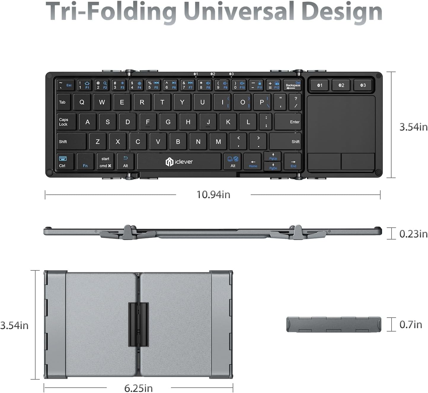 iClever Foldable Keyboard, BK08 Bluetooth Keyboard with Sensitive Touchpad (Sync Up to 3 Devices), Tri-Folding Pocket-Sized for Windows Mac Android iOS