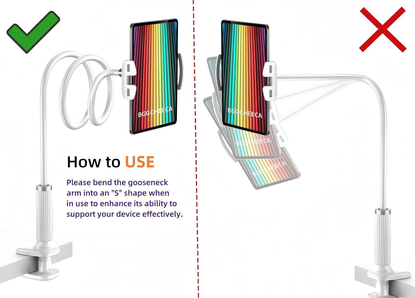 K-MT【38.7inch/98cm】 Tablet Phone Holder Table Desk Gooseneck Mount, Mount Holder Clip with Grip Flexible Long Arm Compatible for ipad iPhone/Switch/Samsung Tabs/Kindle Fire HD K-MT (White)