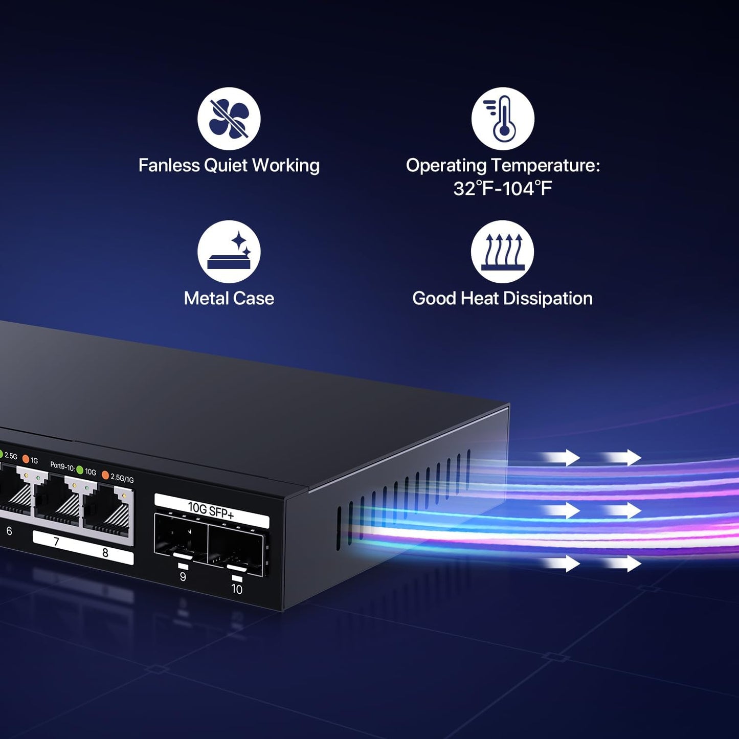 Tenda TEM2010X 8 Port 2.5G Ethernet Switch, Unmanaged 2.5Gb Switch with 8 x 2.5G Ports & 2 x 10Gb SFP+ Slots, Support VLAN & Static Link Aggregation, 80Gbps Switching Capacity, Fanless Metal Design