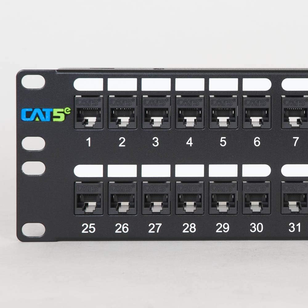 ICC CAT5e Feed-Through Patch Panel, 48 Port, 2U Rackmount, RJ45 Ethernet Patch Panel, No Punch Down, PoE++ and TAA Compliant, Black