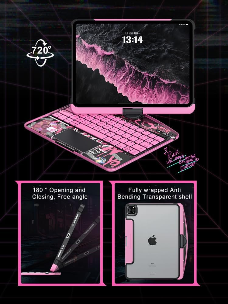 KARTICE Case with Wireless Keyboard Compatible with iPad Pro 11 2024 11 inch, Multi-Touch Trackpad, 7 Color Backlight, 360° Rotating Stand with Pencil Holder for iPad Pro 11, Excludes iPad and Pencil