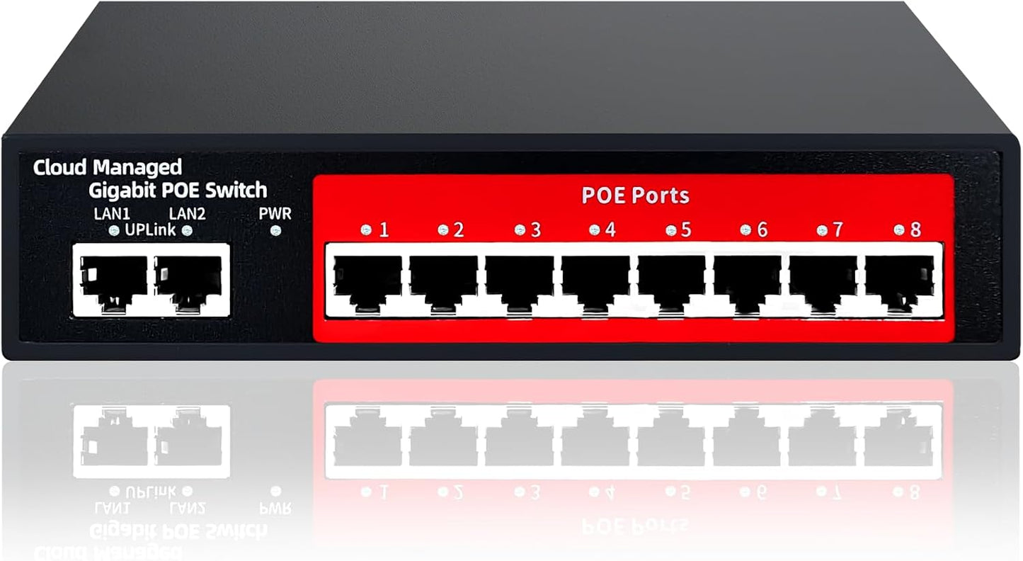 STEAMEMO 10-Port Gigabit Managed PoE Switch, 8 PoE+ Ports@120W, 2 Uplink Ports, VLAN, PoE Scheduler, Fanless, Plug and Play, Sturdy Metal, Desktop and Wall-Mount