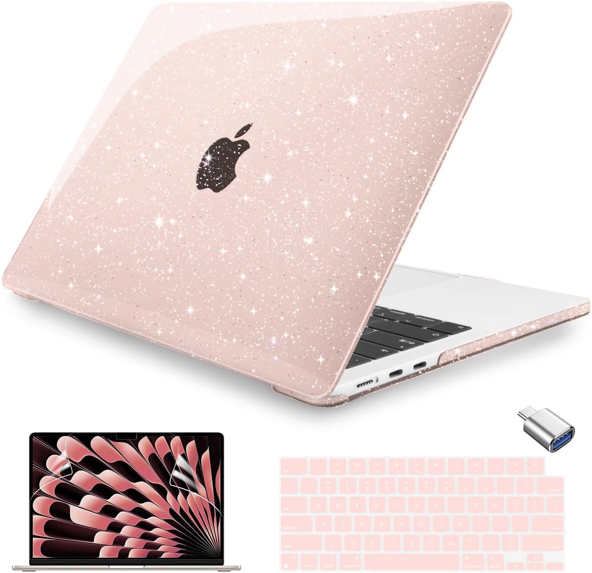 Teryeefi for MacBook Air 15 inch Case M4 M3 M2 Chip 2025 2024 2023 Release A3241 A3114 A2941 Model with Keyboard Cover + Type C Adapter for 15 inch MacBook Air Sparkly Case, Glitter Cheey Pink
