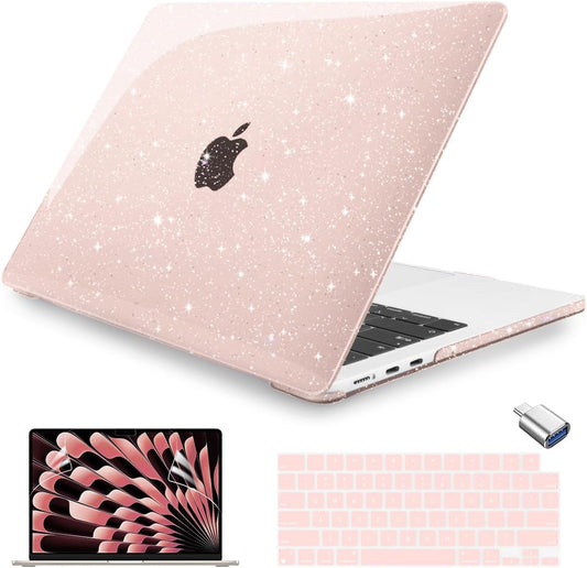 Teryeefi for MacBook Air 15 inch Case M4 M3 M2 Chip 2025 2024 2023 Release A3241 A3114 A2941 Model with Keyboard Cover + Type C Adapter for 15 inch MacBook Air Sparkly Case, Glitter Cheey Pink