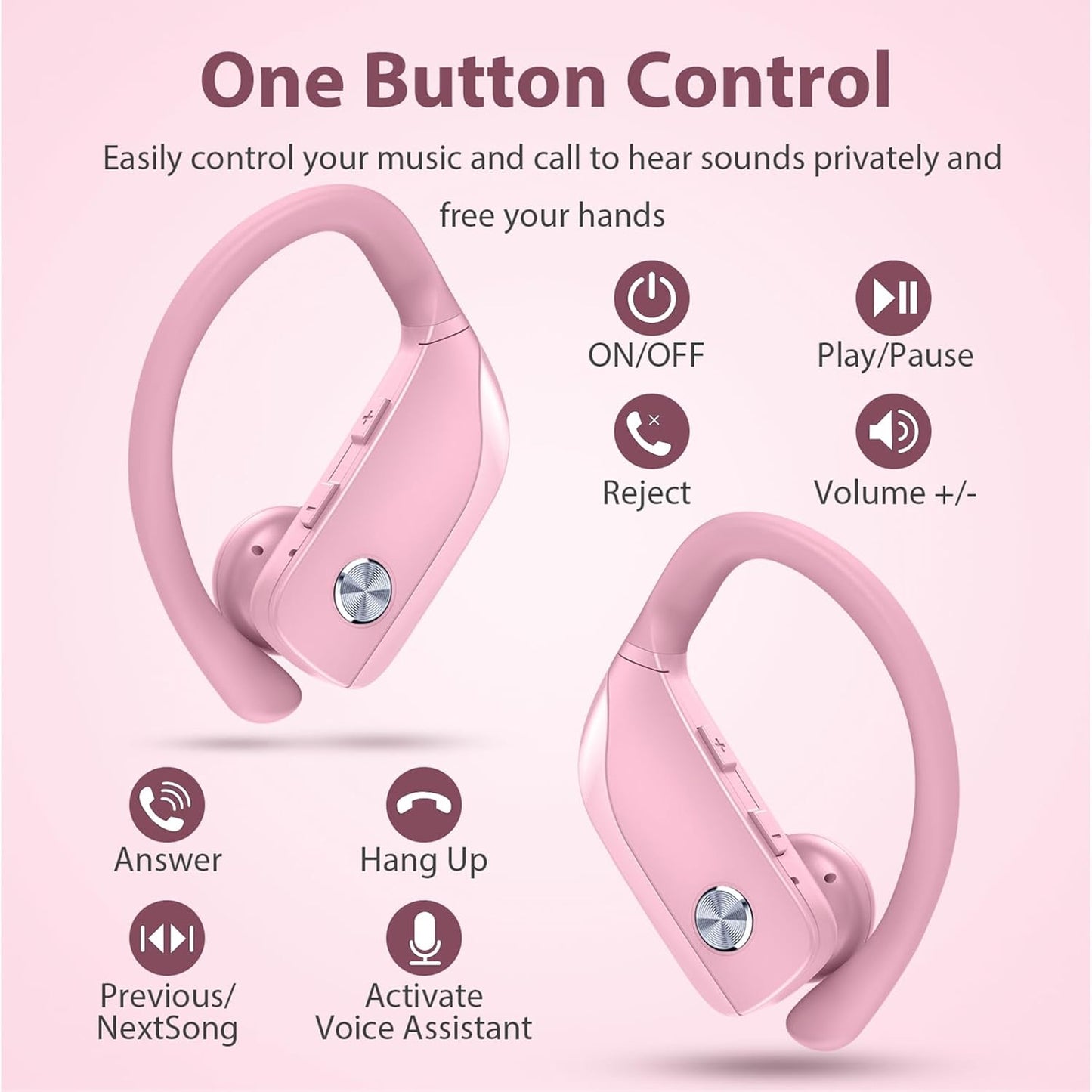 bmanl Wireless Earbuds Bluetooth Headphones 48hrs Play Back Sport Earphones with LED Display Over-Ear Buds with Earhooks Built-in Mic Headset for Workout Pink