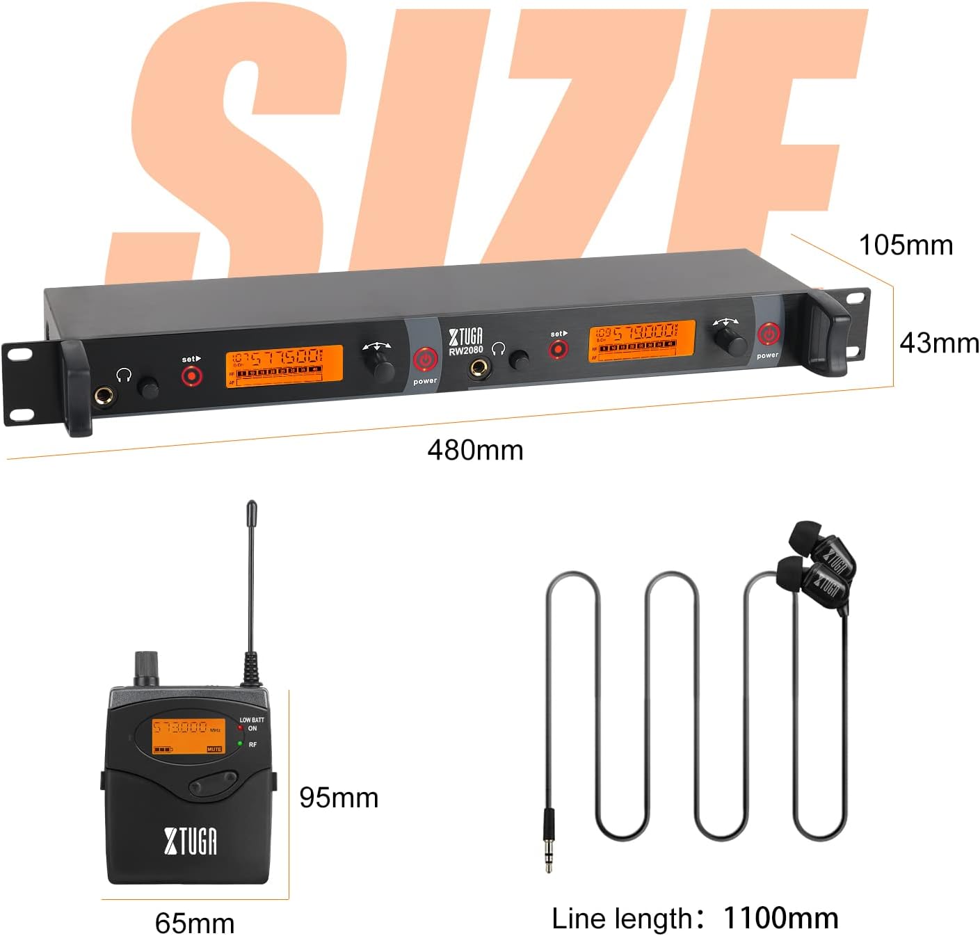 XTUGA RW2080 Wireless in Ear Monitor System Mono Design Dual Channel Wireless IEM System 5 Bodypacks, 300Ft, 40 UHF Frequencies, in Ears Monitors for Band, Stage or Studio, 902-928mhz