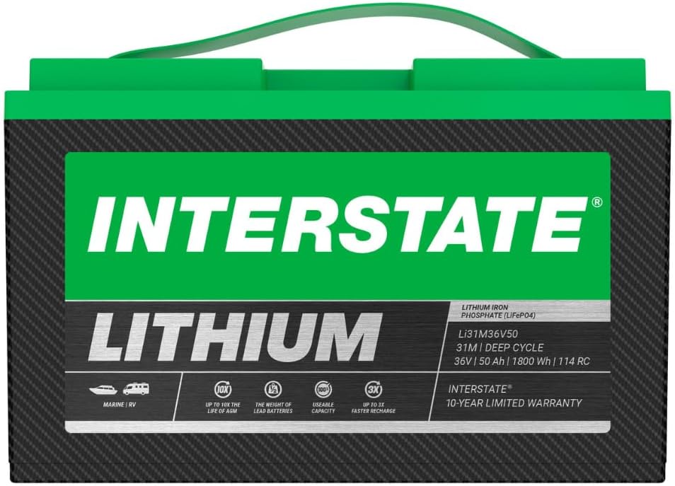 Interstate Batteries 36V 50Ah Group Size 31M Lithium Marine/RV Deep Cycle LiFePO4 Battery, Maintenance Free, Lightweight, Ideal For Boats, Trolling Motors, RV Camping, Off-Grid, Yachts (Li31M36V50)