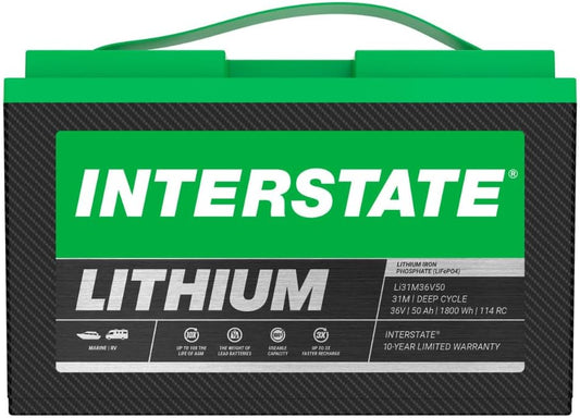 Interstate Batteries 36V 50Ah Group Size 31M Lithium Marine/RV Deep Cycle LiFePO4 Battery, Maintenance Free, Lightweight, Ideal For Boats, Trolling Motors, RV Camping, Off-Grid, Yachts (Li31M36V50)