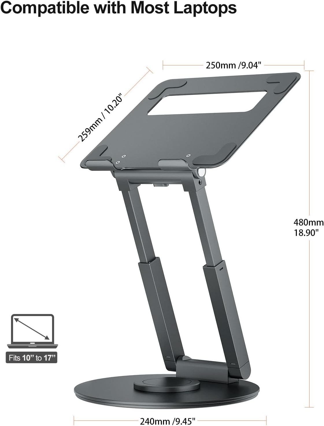 tounee Telescopic Laptop Stand for Desk with 360° Swivel Base, Sit to Stand, Height Adjustable, Portable Riser Holder for Good Posture, Compatible with MacBook Pro, All Laptops 10-17"-Gray