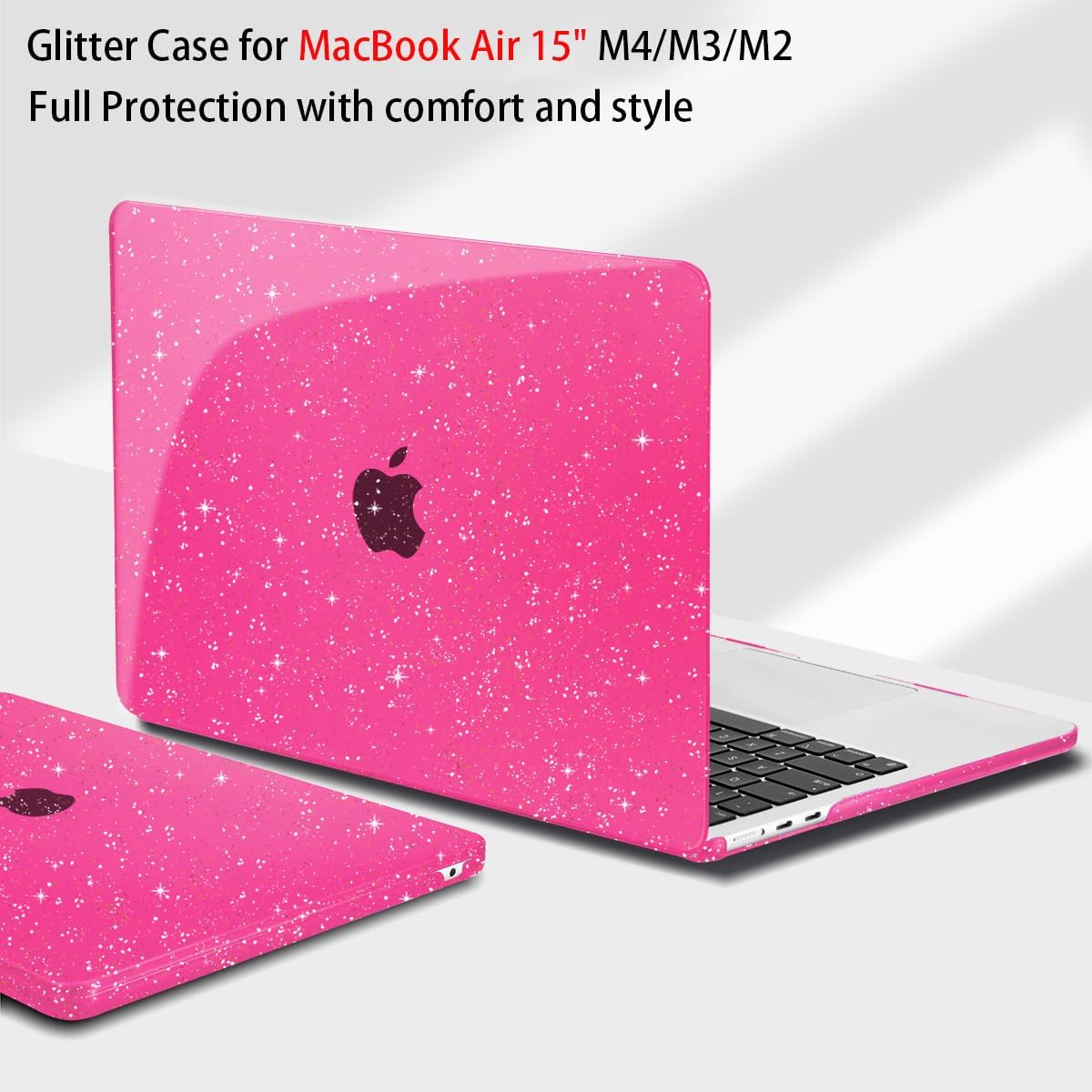 Teryeefi Compatible with MacBook Air 15 inch Case M4 M3 M2 Chip 2025 2024 2023 Release A3241 A3114 A2941 Model with Keyboard Cover + Type C Adapter for Air 15.3 Sparkly Case, Glitter Rose Pink