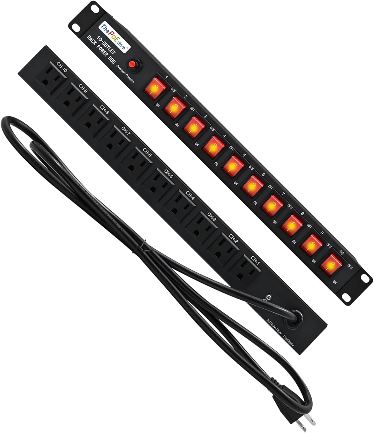 10 Outlets Horizontal 1U PDU Rackmount Power Strip - 10 Individual Led Switches, 100V-250V-1800 Joules, w/ 6 ft Power Cord for Office、Home and Network Server