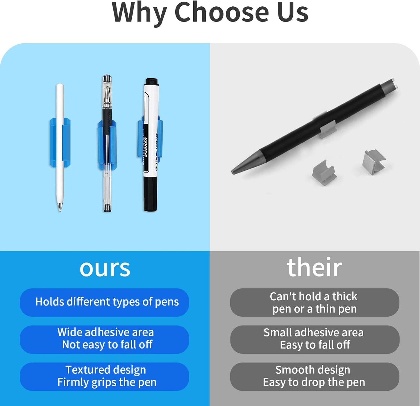 12 Pack Pen Holder for Desk, Silicone Pencil Holder with 12 Extra Adhesive Stickers, Adhesive Pen Holder & Marker Clip for Classroom Office Desk or Any Surface, Teacher Accessories Supplies (Blue)