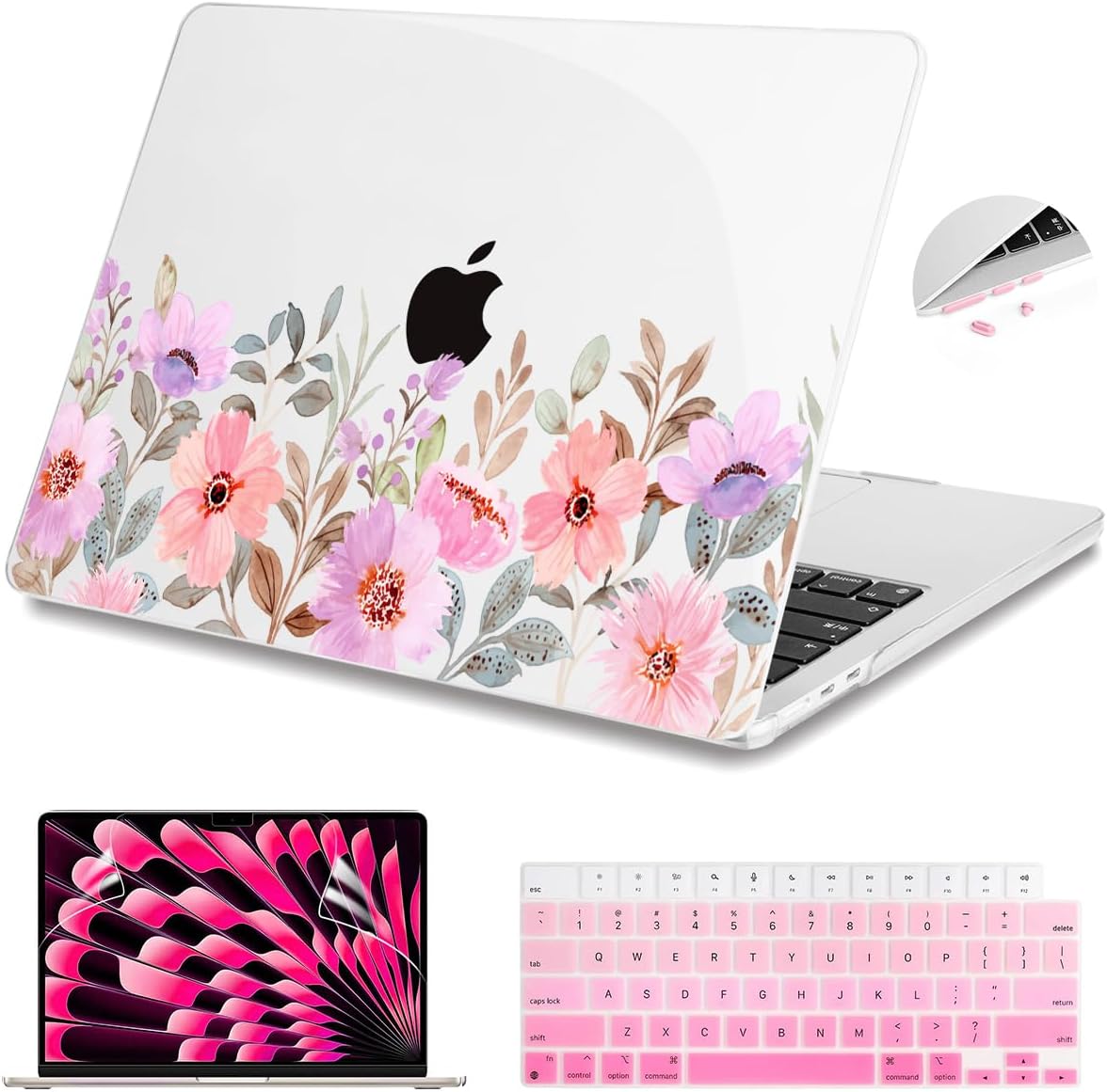 Teryeefi for M4 M3 M2 MacBook Air 15 Inch 2025 2024 2023 Case Model A3241 A3114 A2941 with Liquid Retina Display, Protective Plastic Hard Shell Cover with Keyboard Cover - Pink Flower Garden-A