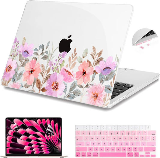 Teryeefi for M4 M3 M2 MacBook Air 15 Inch 2025 2024 2023 Case Model A3241 A3114 A2941 with Liquid Retina Display, Protective Plastic Hard Shell Cover with Keyboard Cover - Pink Flower Garden-A