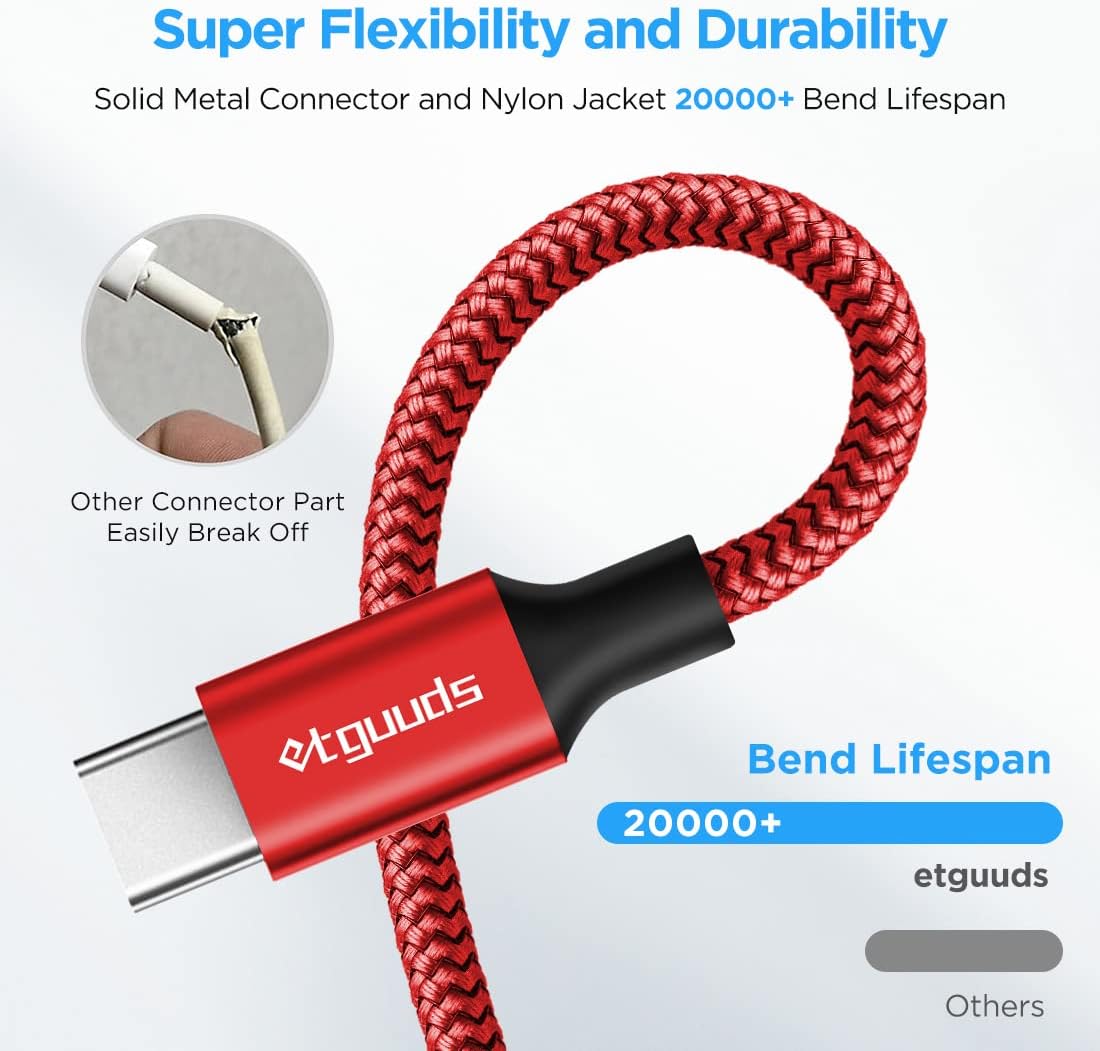 etguuds 4ft USB A to USB C Cable 3A Fast Charging, 2-Pack USB A to USB Type C Charger Cord for iPhone 16 15 Pro/Pro Max/Plus, for Samsung Galaxy S24 S23 S22 S21 S20 S10 A55 A54 Flip Note, Moto, Red
