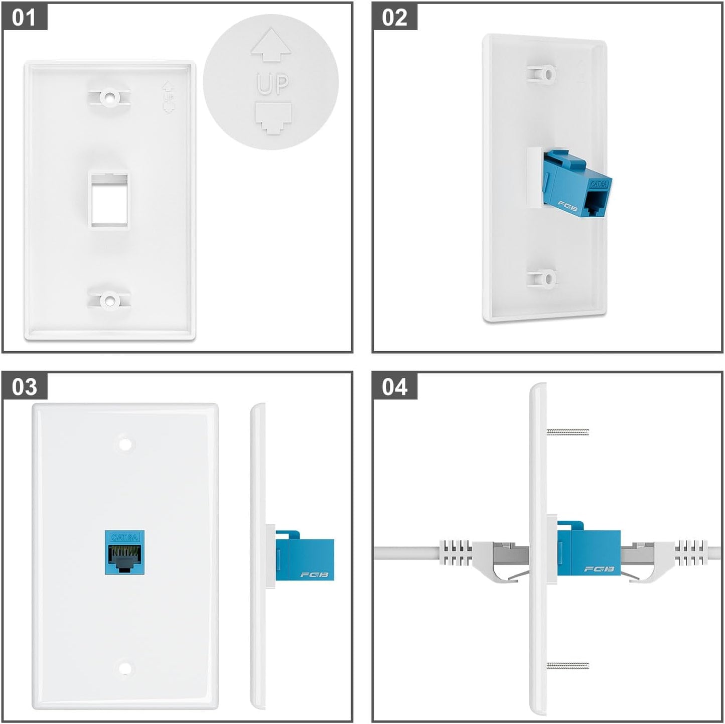 FGB 3-Port Keystone Wall Plate 20-Pack, Low-Profile Single Gang Wall Plates for RJ45, HDMI, and Coax Keystone Inserts, White