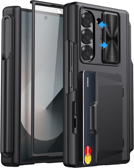 for Samsung Galaxy Z Fold 6 Case with Card Holder & S Pen Holder & Slide Camera Cover, Built-in Hinge Protection & Screen Protector, Durable Wallet Phone Cover Case for Z Fold 6 5G 2024, Black
