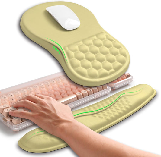 Hokafenle 2in1 Combination, Wave Keyboard Wrist Rest and Ergonomic Curvature Mouse Pad Wrist Support for Relieve Wrist Pain, Filled with Soft Cushion Memory Foam, Butter Yellow