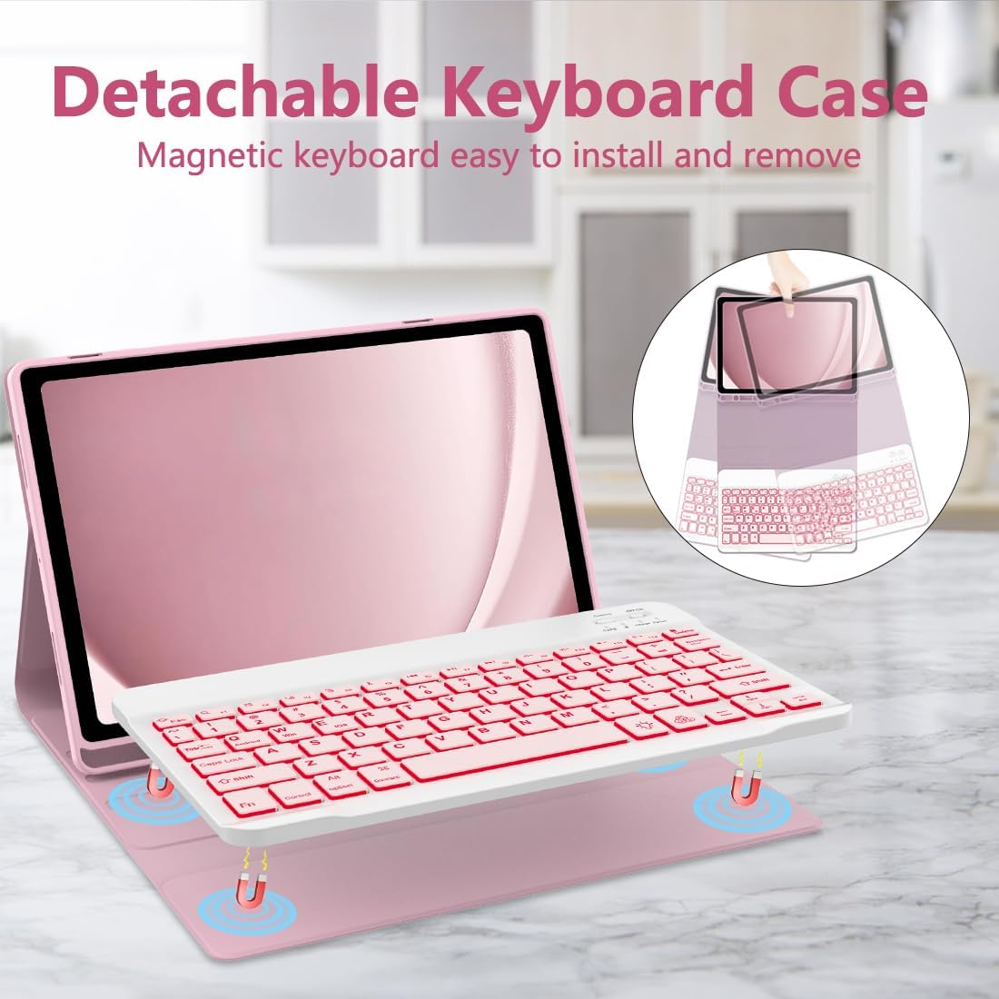 Galaxy Tab A9 Plus Case with Keyboard 5G 11 Inch 2023 (SM-X210/X216/X218), 7 Color Backlit Detachable Tablet Keyboard Cover with S Pen Holder for Samsung Galaxy Tab A9+ 11" (Pink)