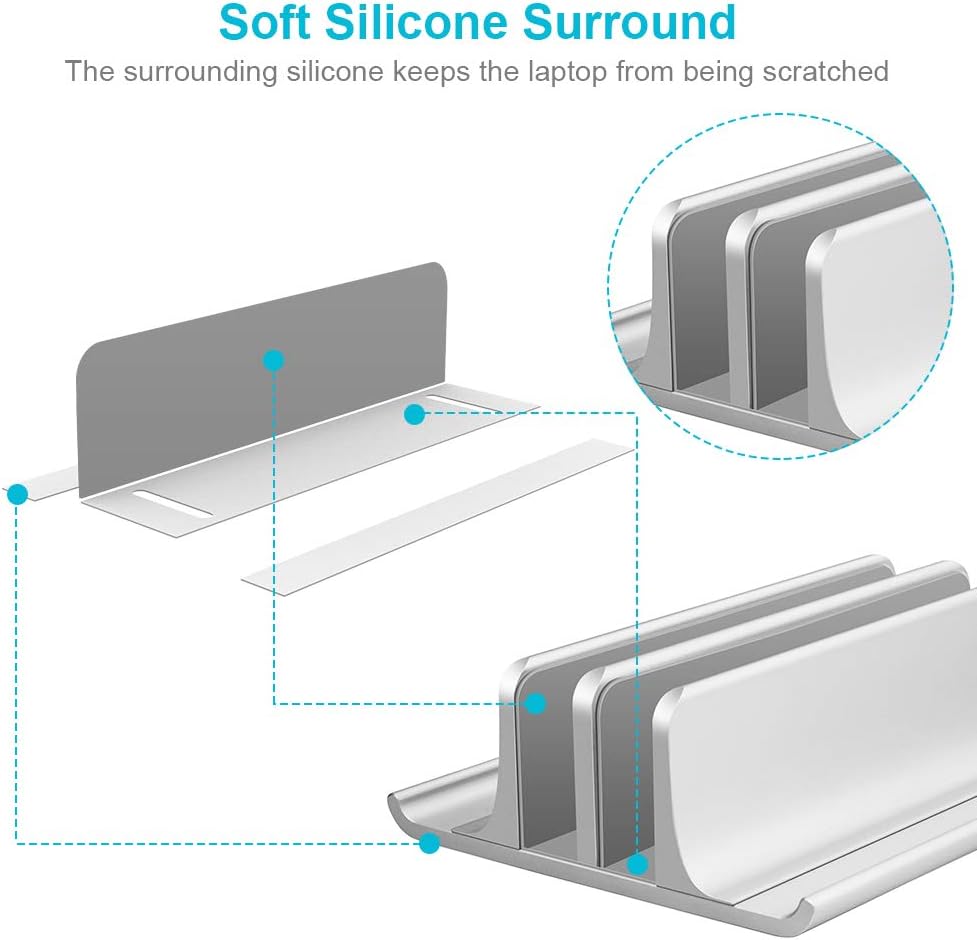 Vaydeer Aluminum Laptop Stand Double-Slot Adjustable Vertical Laptop Stand Newly Designed 2 Slot Desktop Holder for All MacBook/Chromebook/Surface/Dell/iPad Up to 17.3 Inches, Silver