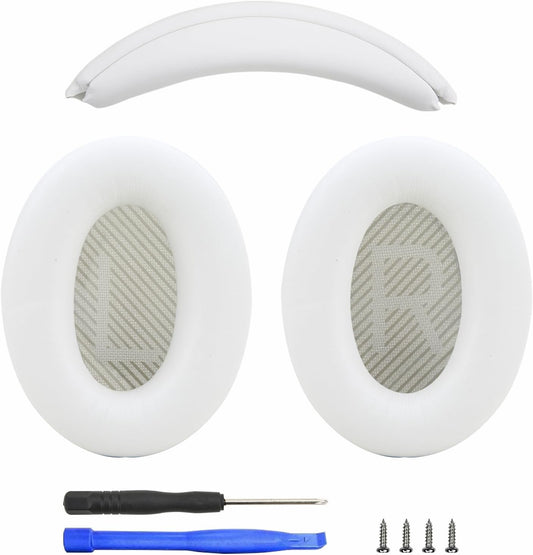 Ear Cushion and Headband for Bose QC45 QC35, Replacement Headstrap Pad Repair Part with Protein Leather& Memory Foam (White)
