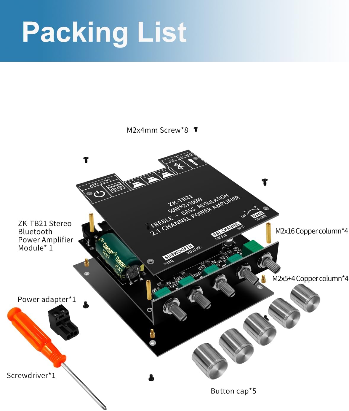 50W+50W+100W Amplifier Board with Treble and Bass Control, Bluetooth 5.0 HiFi 2.1 Channel Subwoofer Stereo Amplifier Board, Dual TPA3116D2 Chip BT and AUX Inputs for DIY Wireless Speakers (ZK-TB21)
