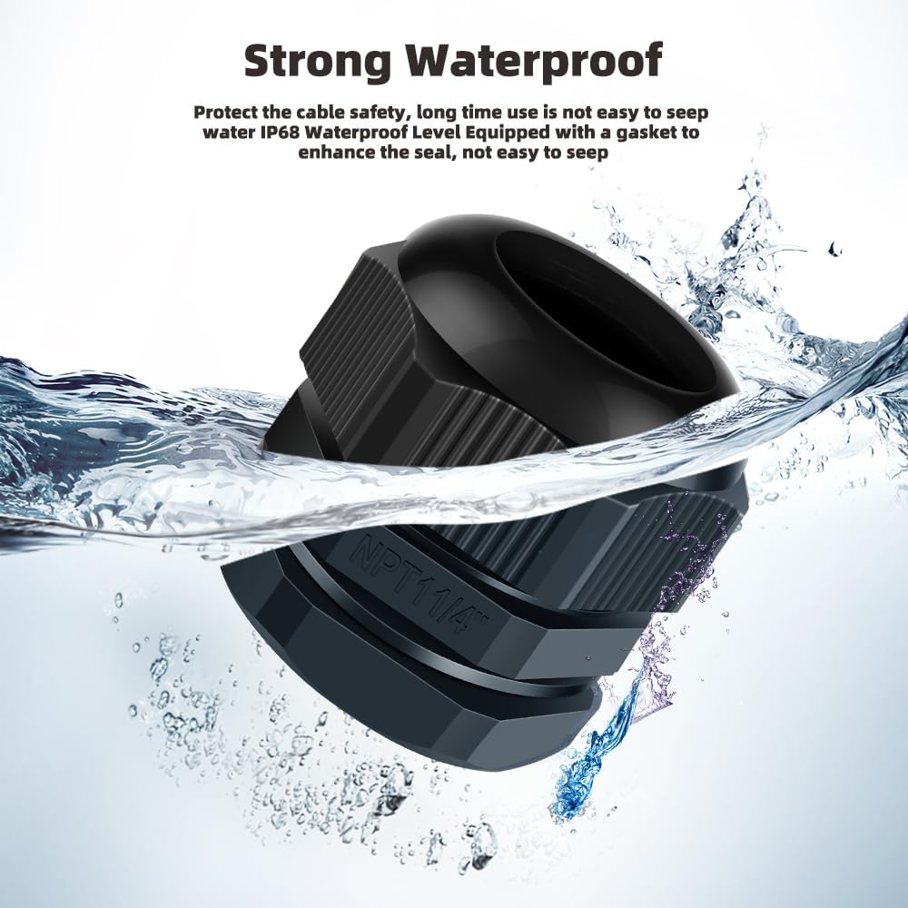 Cable Gland 2 Pack 1 1/4" NPT Waterproof Adjustable Connector Strain Relief Cord Connectors Joints Nylon with Gaskets…