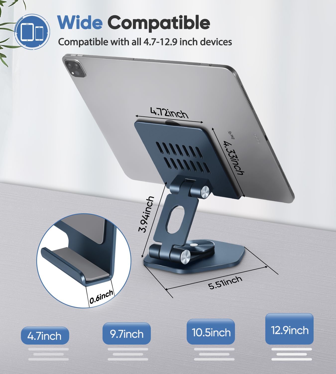 Foldable Aluminum Tablet Stand for Desk, 360° Swivel iPad & Tablet Holder – Portable & Stable Desktop Mount for 5–12.9in Devices, Dark Grey