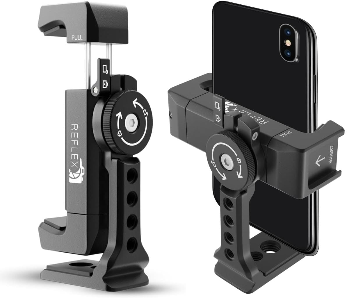 REFLEX CAMERA Metal Mobile Phone Tripod Mount, 360° Rotatable with Cold Shoe Mount, Universal Smartphone Attachment Clamp, 1/4" & 3/8" Mounting Screw Holes, Arca Swiss compatible Base Plate for iPhone