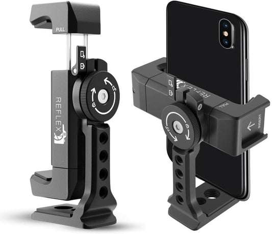 REFLEX CAMERA Metal Mobile Phone Tripod Mount, 360° Rotatable with Cold Shoe Mount, Universal Smartphone Attachment Clamp, 1/4" & 3/8" Mounting Screw Holes, Arca Swiss compatible Base Plate for iPhone